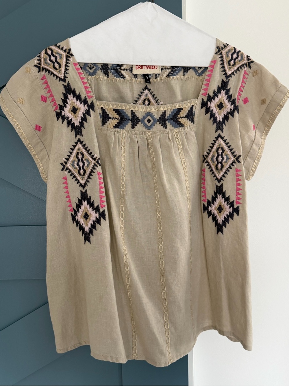 DRIFTWOOD Beige Top with Blue and Navy Embroidery